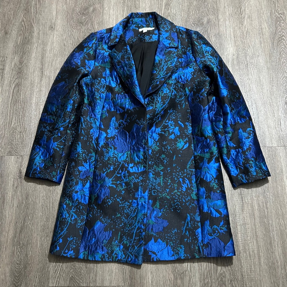 Chico's Jacquard Blazer Jacket Size 1 US 8 Blue Black Floral Brocade 4502150 - Picture 2 of 11